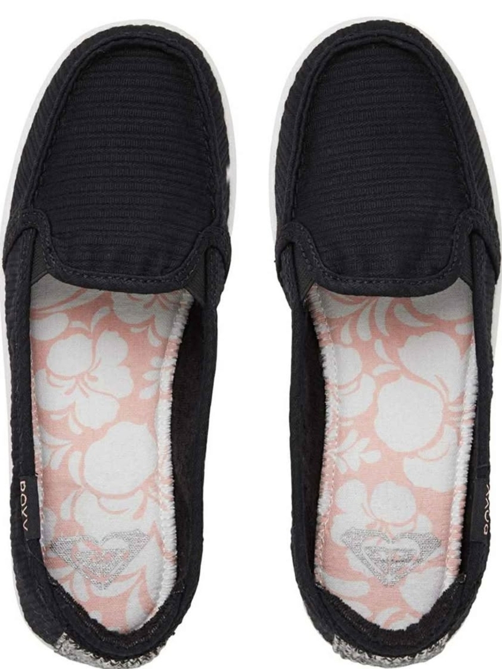 Roxy Black Slip-On Flats with Pink Floral Insole